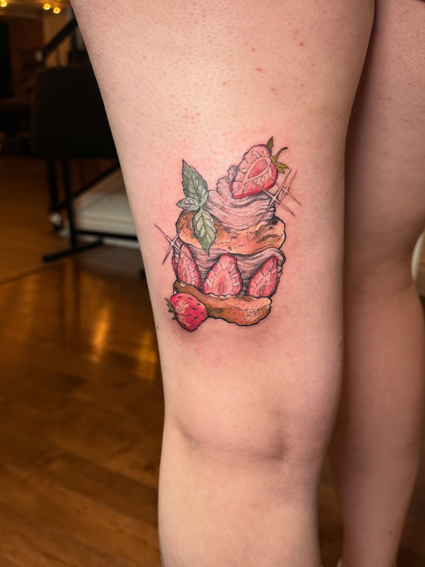 Strawberry shortcake from my one offs 🍓 so happy I finally got to tattoo this, thanks so much !! 🖤
