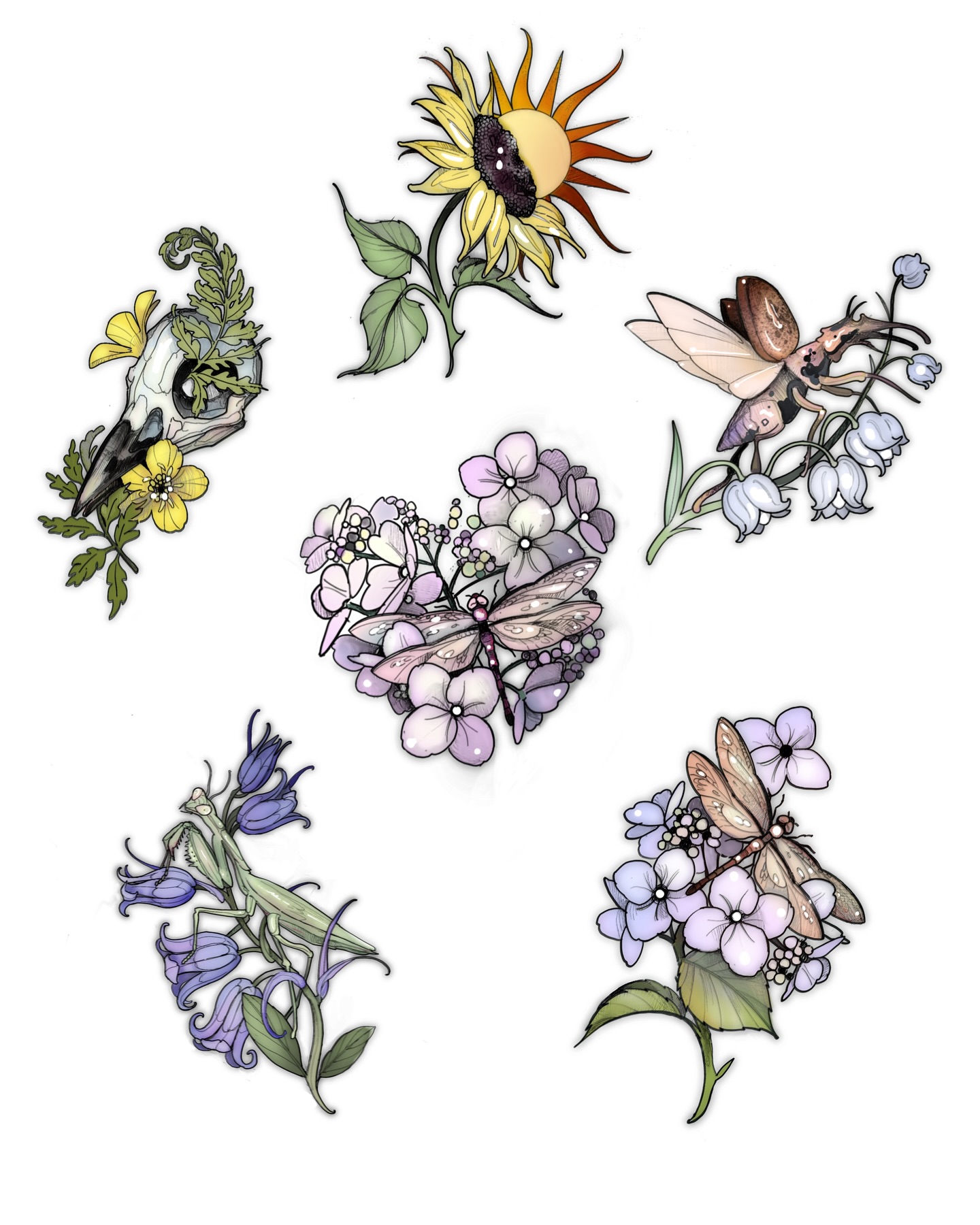 Botanical tattoo flash sheet